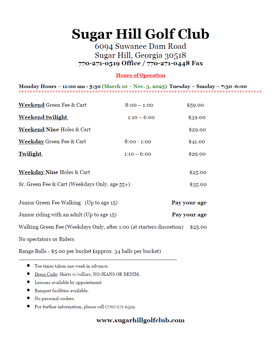 Rates & Green Fees   Sugar Hill Golf Club